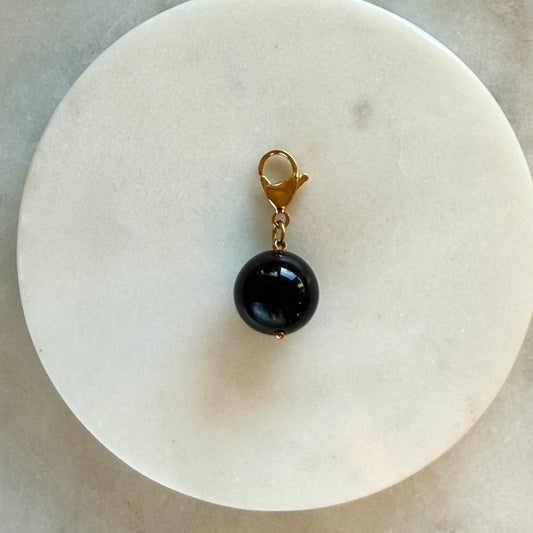 Black Agate Ball Pendant with Gold Carabiner