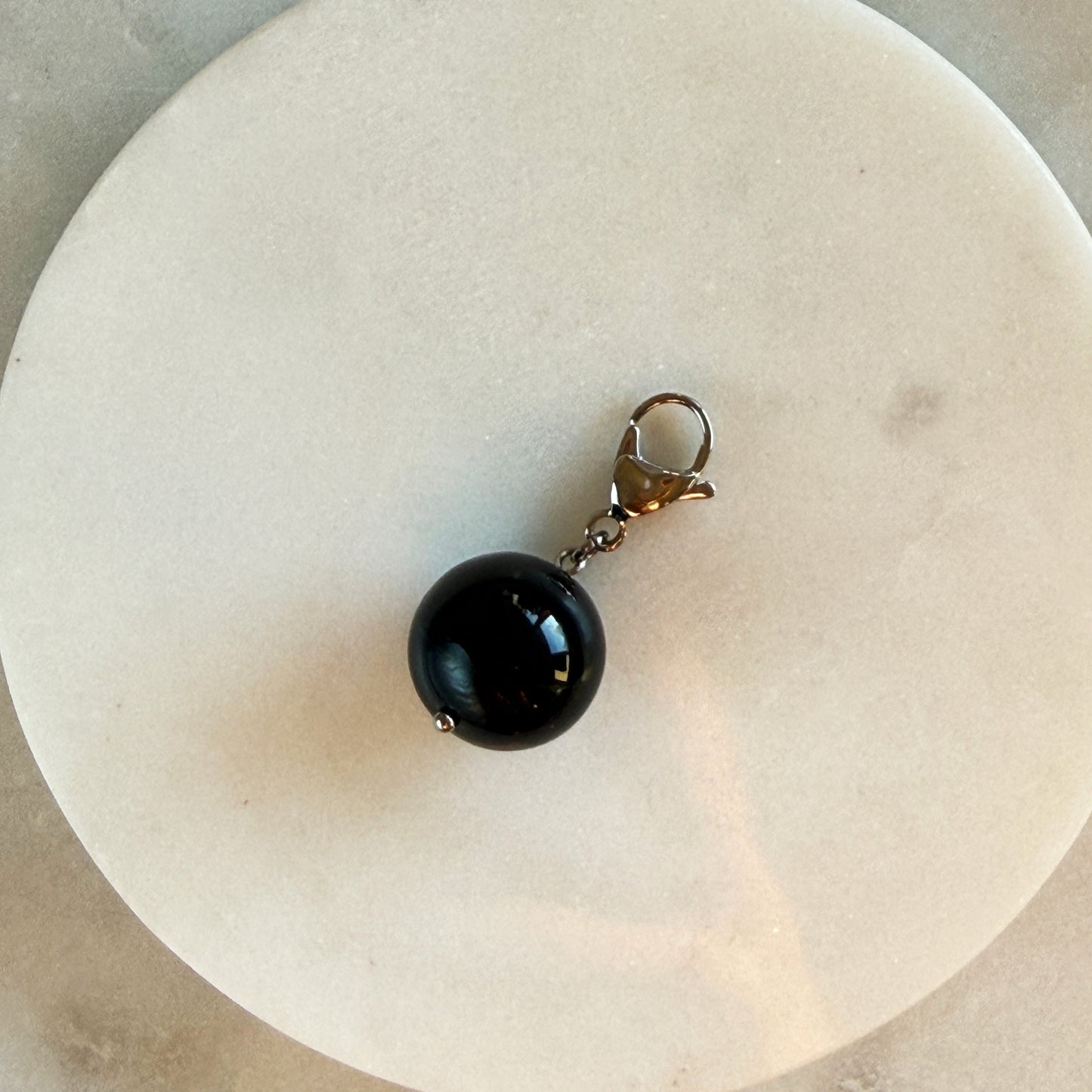 Black Agate Ball Pendant with Gold Carabiner
