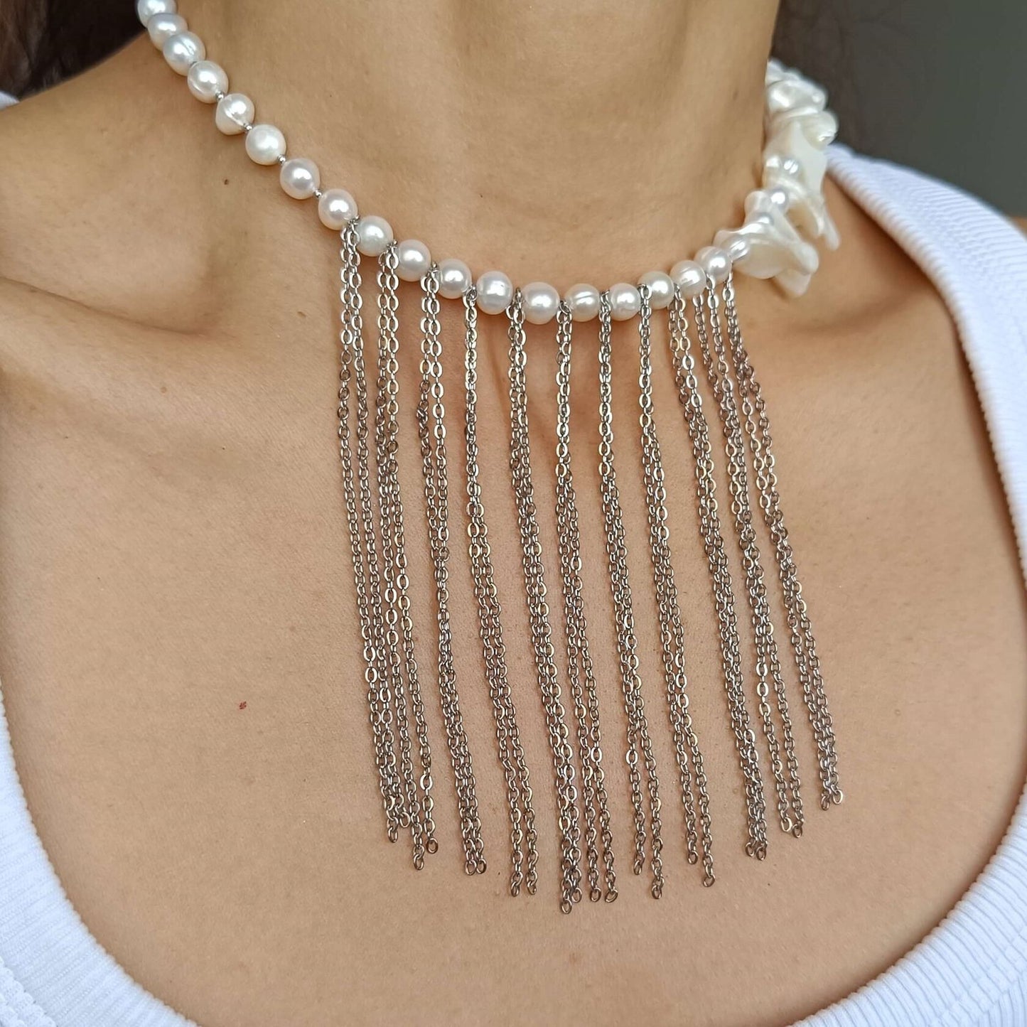 Celestial Pearl Fringe Necklace