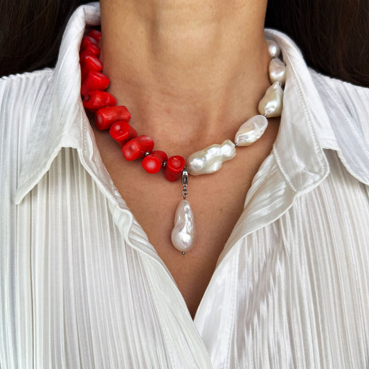 Coral Choker with Baroque Pearl with Pendant