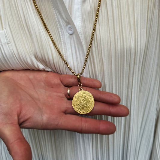 Gold Aztec Calendar Coin Pendant