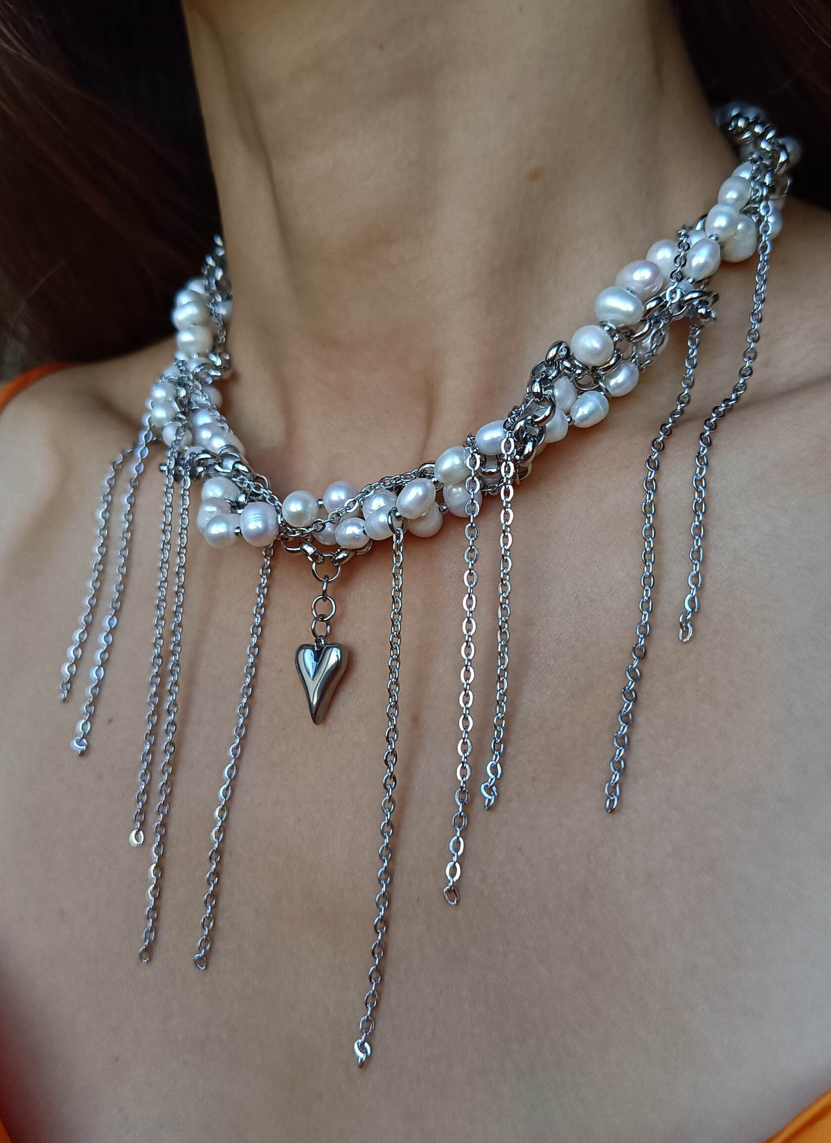 Choker From Pearl With Silver Heart