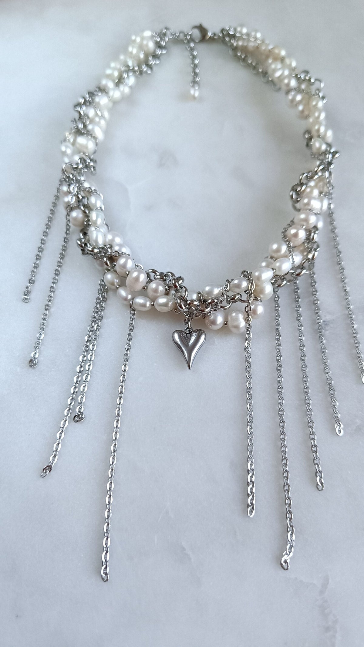 Choker From Pearl With Silver Heart