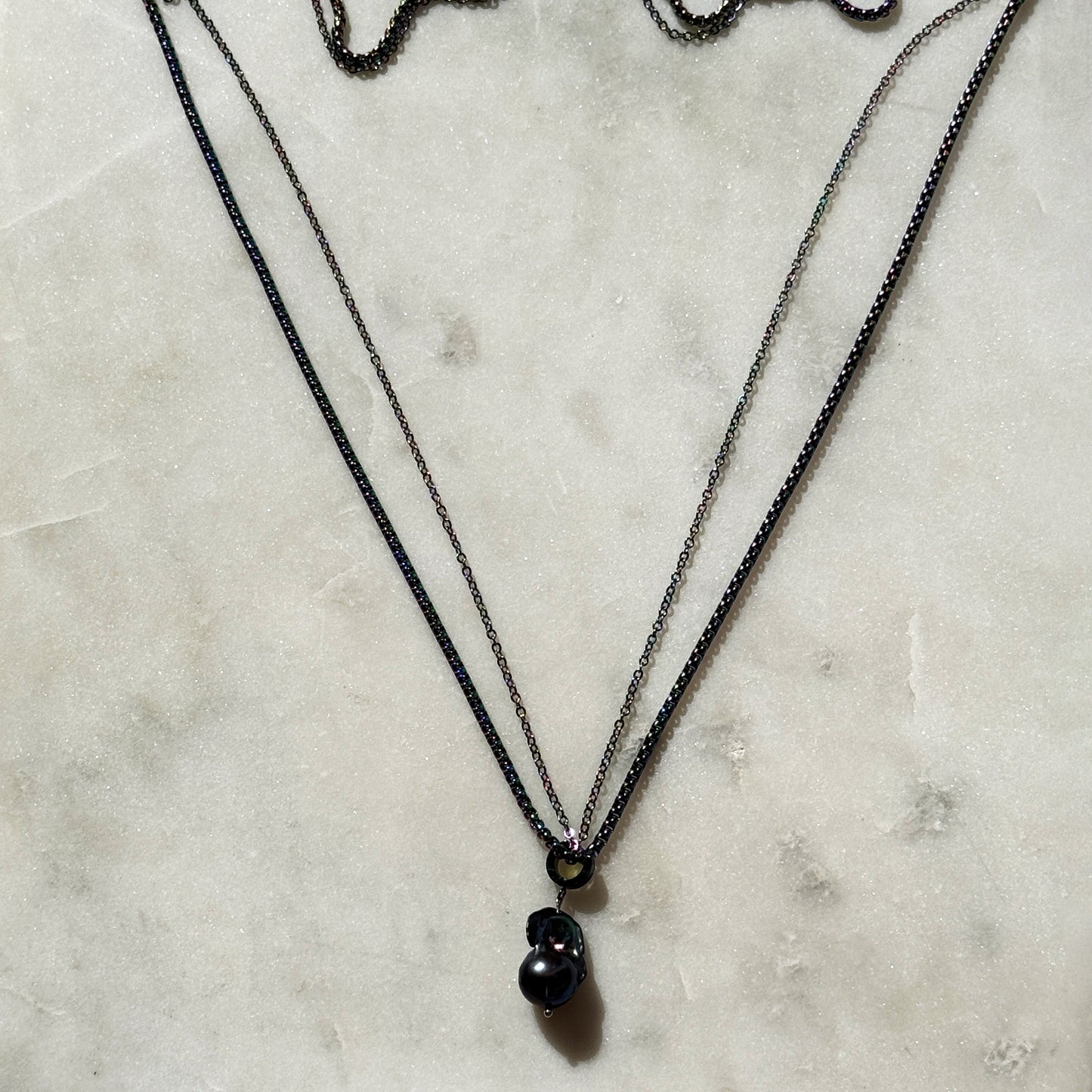 Iridescent Steel Multi-Strand Necklace With Pendant