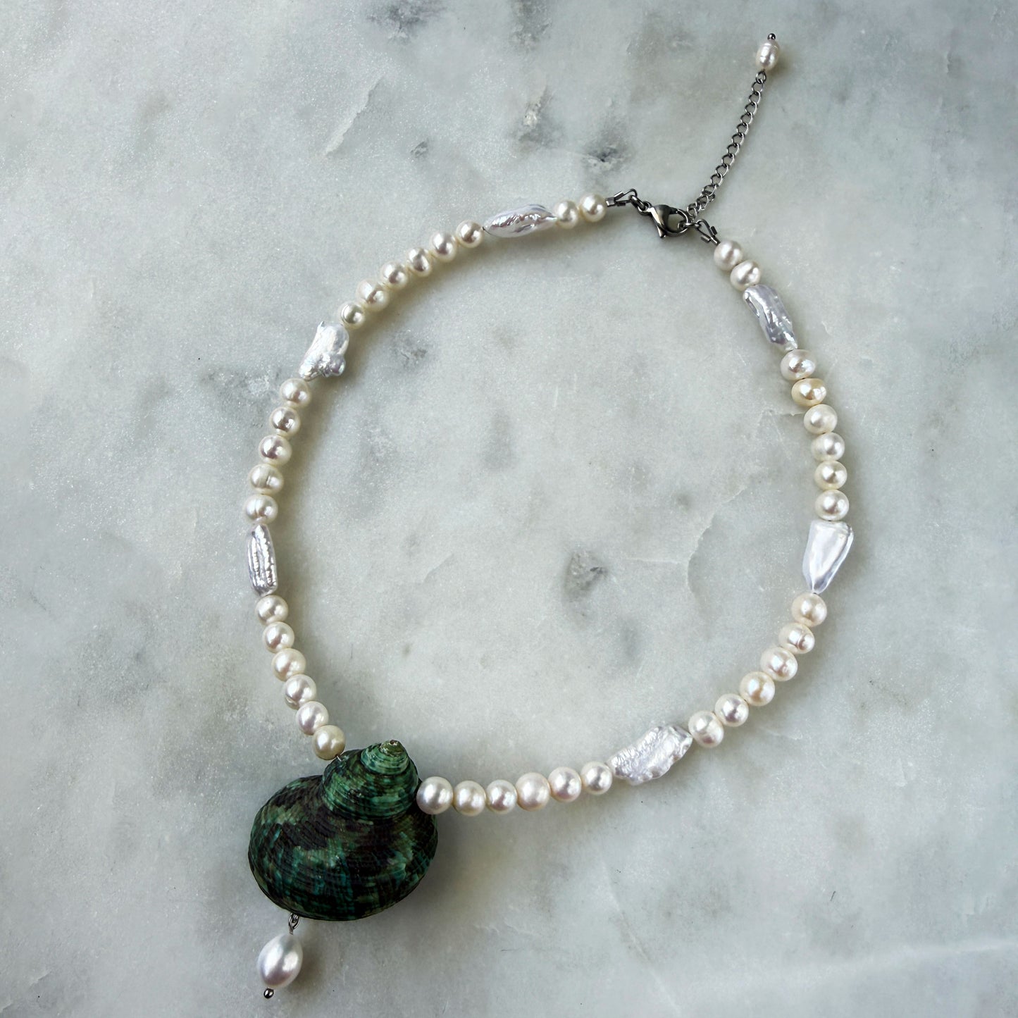 Large Green Shell & Pearl Necklace
