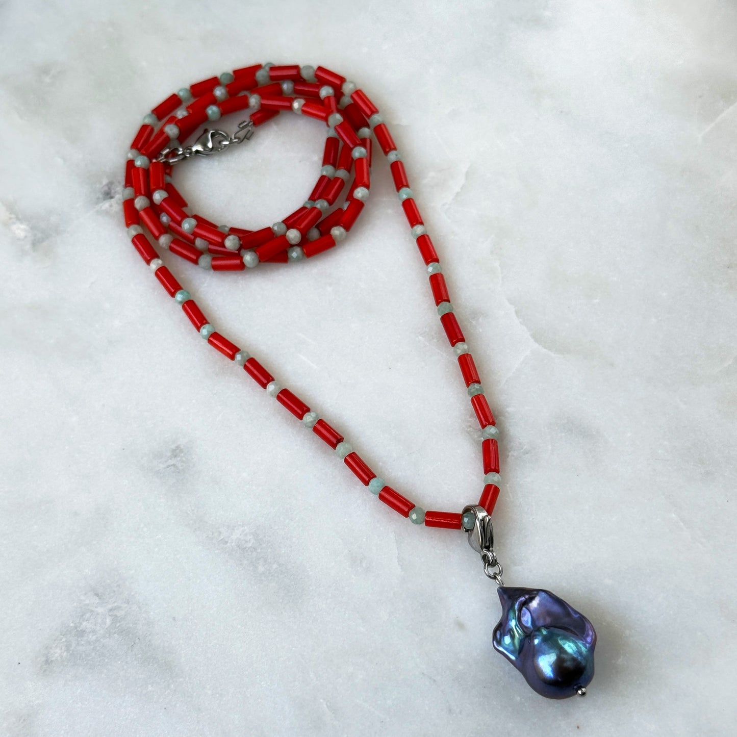Long Coral & Amazonite Necklace with Removable Pearl Pendant
