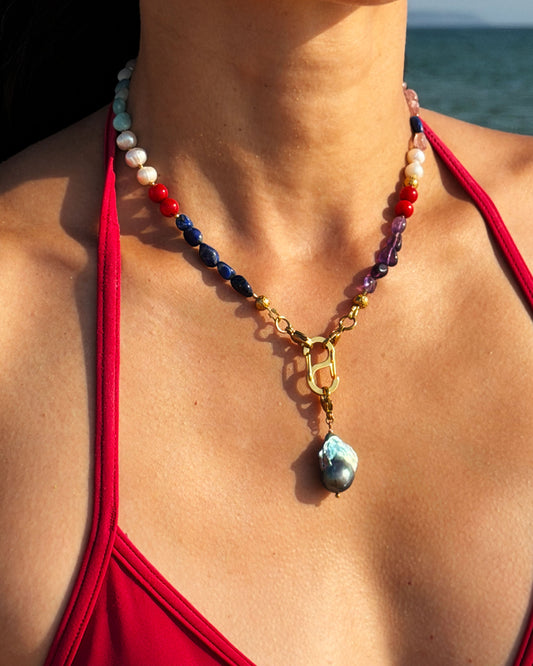Multi-Stone Gemstone Necklace With Black Pearl