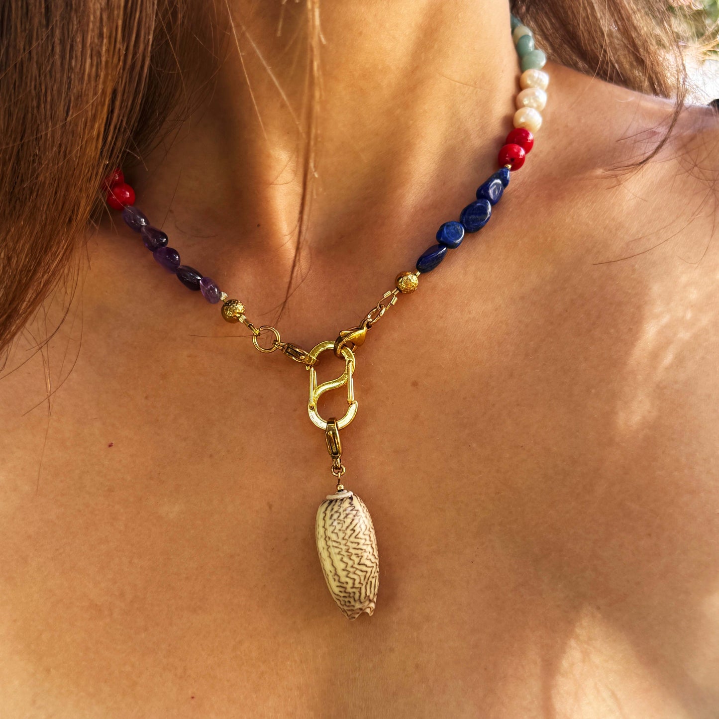 Multi-Stone Gemstone Necklace With Black Pearl