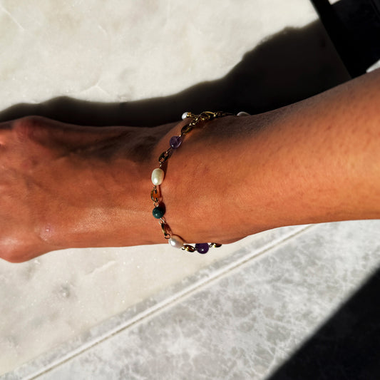 Natural Pearl, Green Agate & Amethyst Anklet