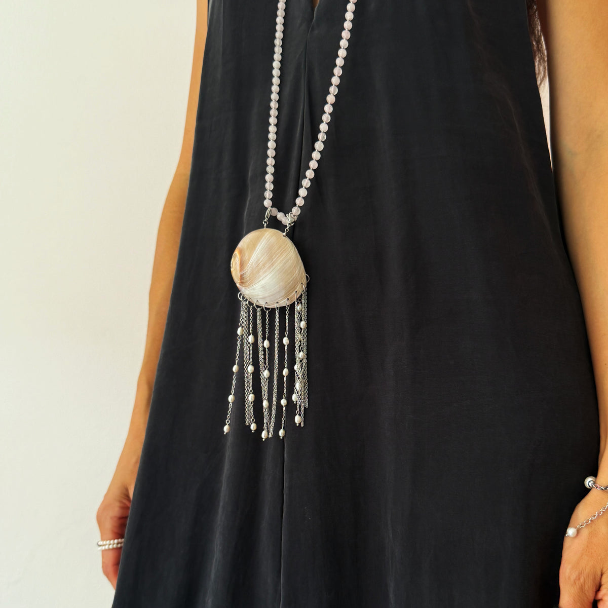 Large Shell Fringe Pendant with Black Pearls