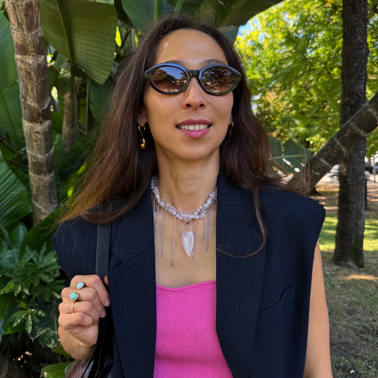 Necklace Pink Quartz And Fringe