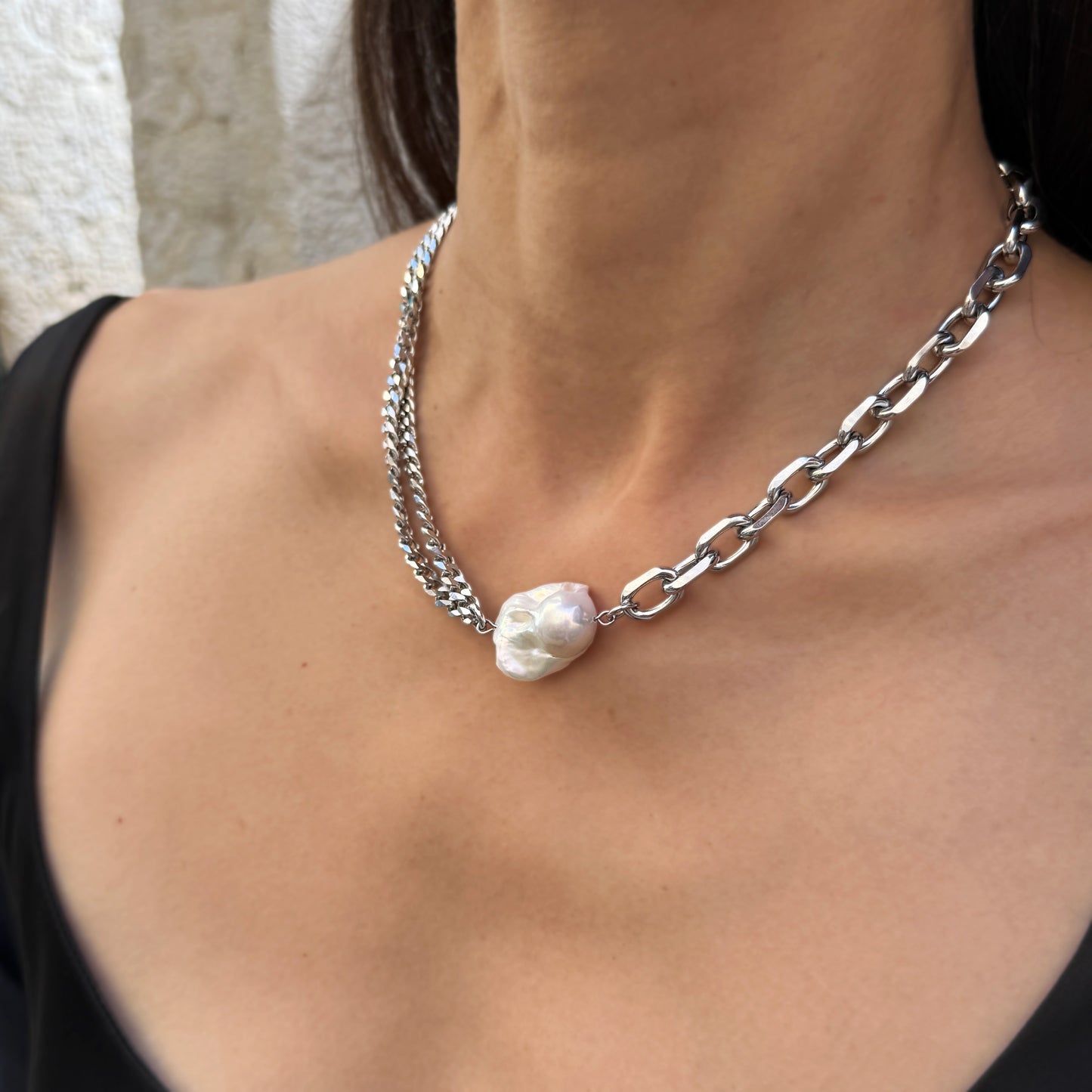 Necklace Silver Chain White Pearl