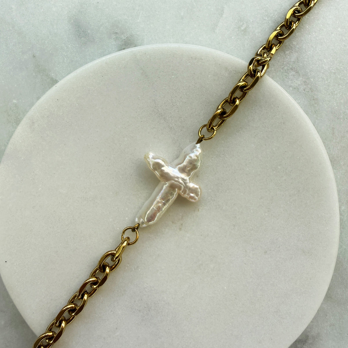 Pearl Cross Gold Chain Bracelet