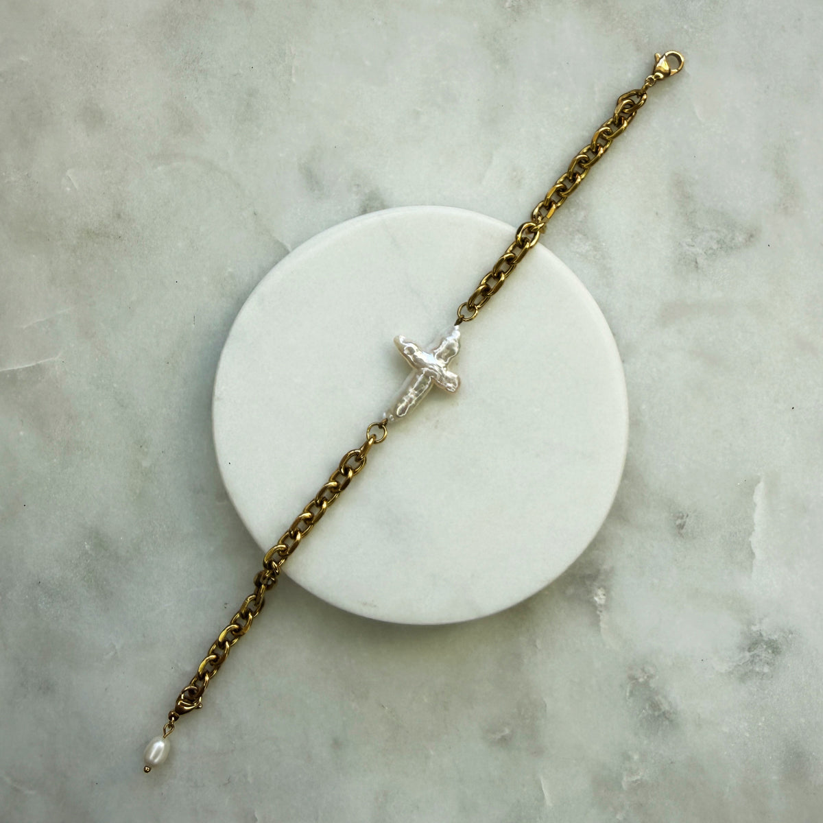 Pearl Cross Gold Chain Bracelet