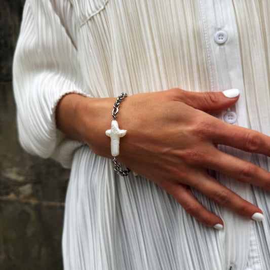 Pearl Cross Silver Chain Bracelet
