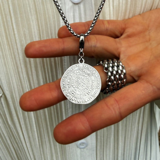 Silver Aztec Calendar Coin Pendant