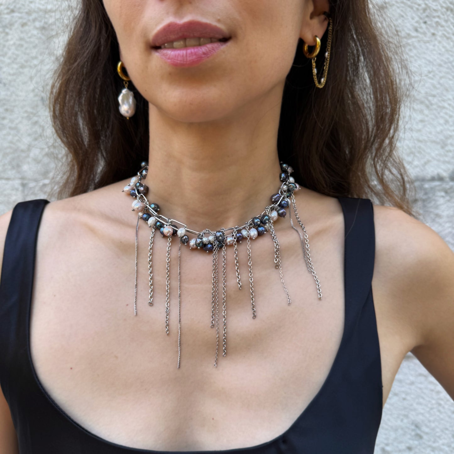 Three-Color Pearl Necklace with Chain Fringe