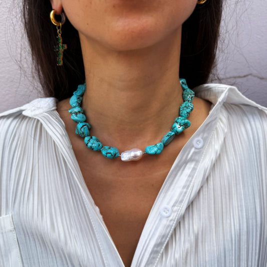 Turquoise Howlite & Pearl Necklace