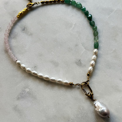 Aventurine Rose Quartz Pearl Necklace