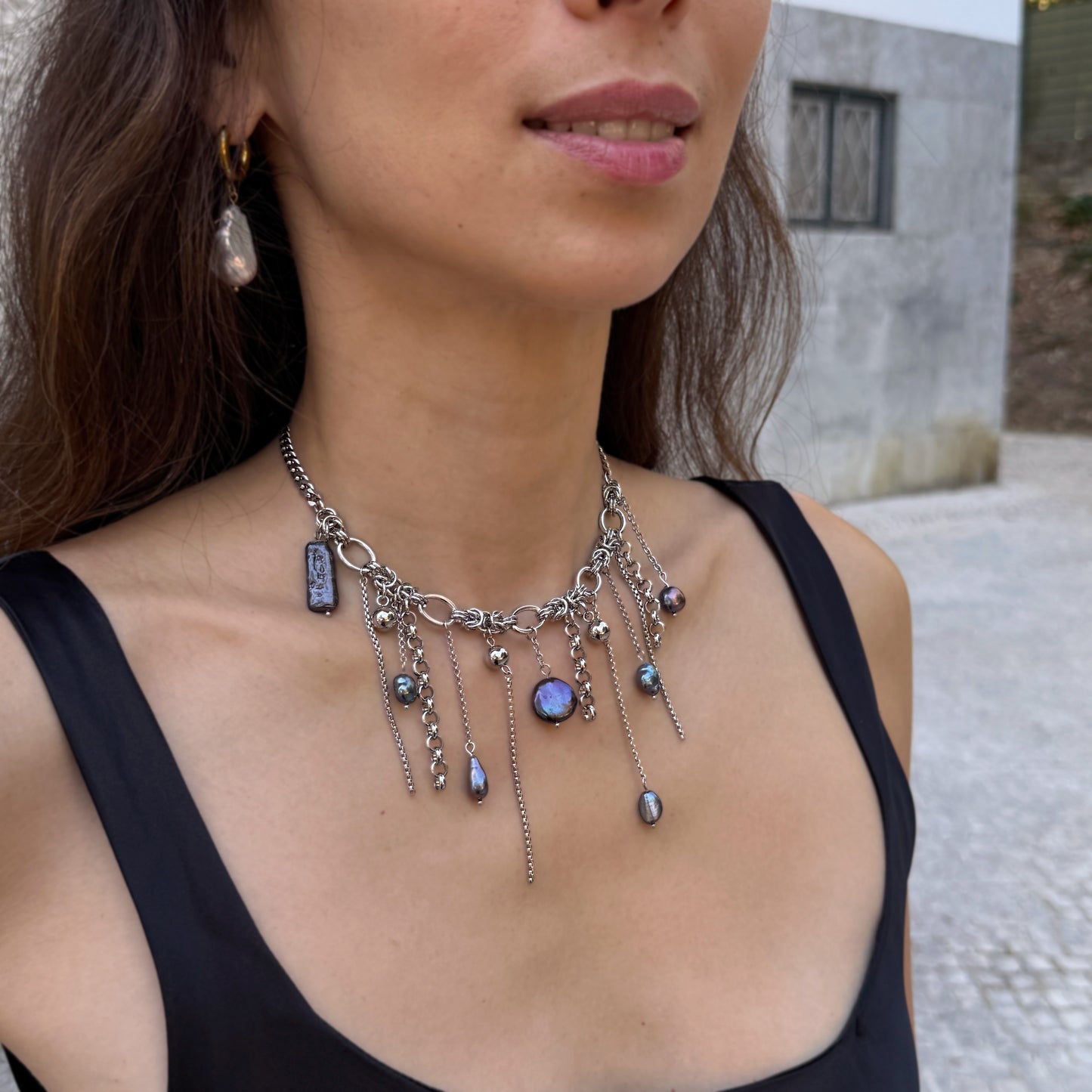 Black Pearl Fringe Necklace