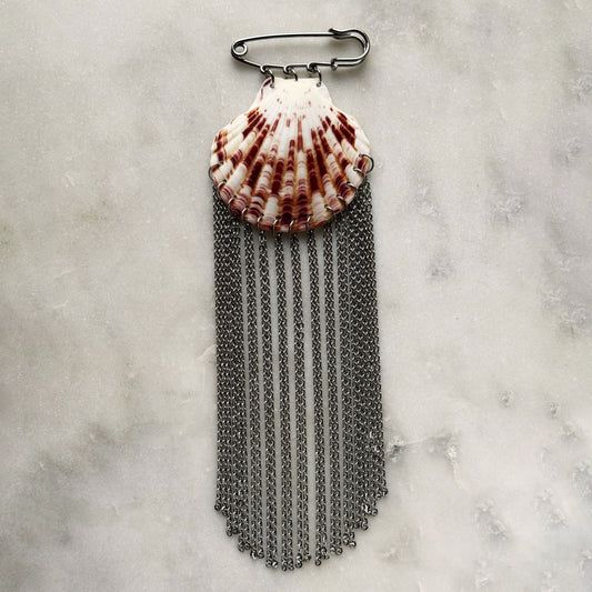 Brooch - Scallop Shell With Silver Fringe with Pearls