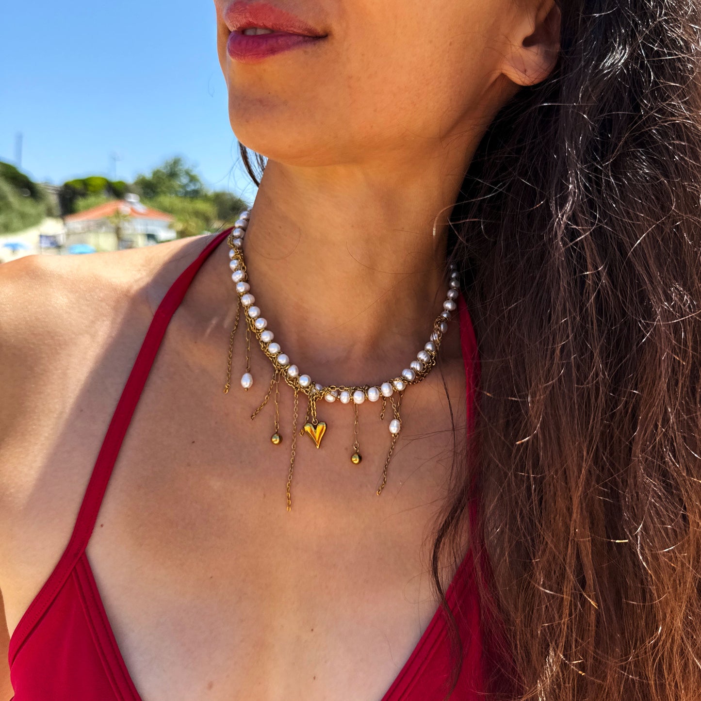 Choker From Pearl With Gold Heart