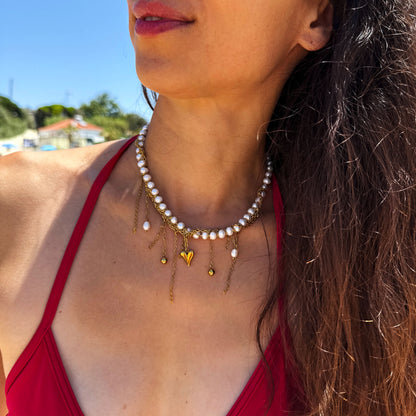 Choker From Pearl With Gold Heart