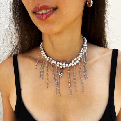 Choker From Pearl With Silver Heart