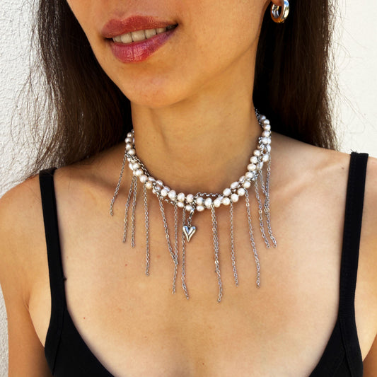 Choker From Pearl With Silver Heart
