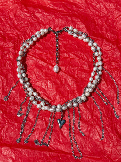 Choker From Pearl With Silver Heart