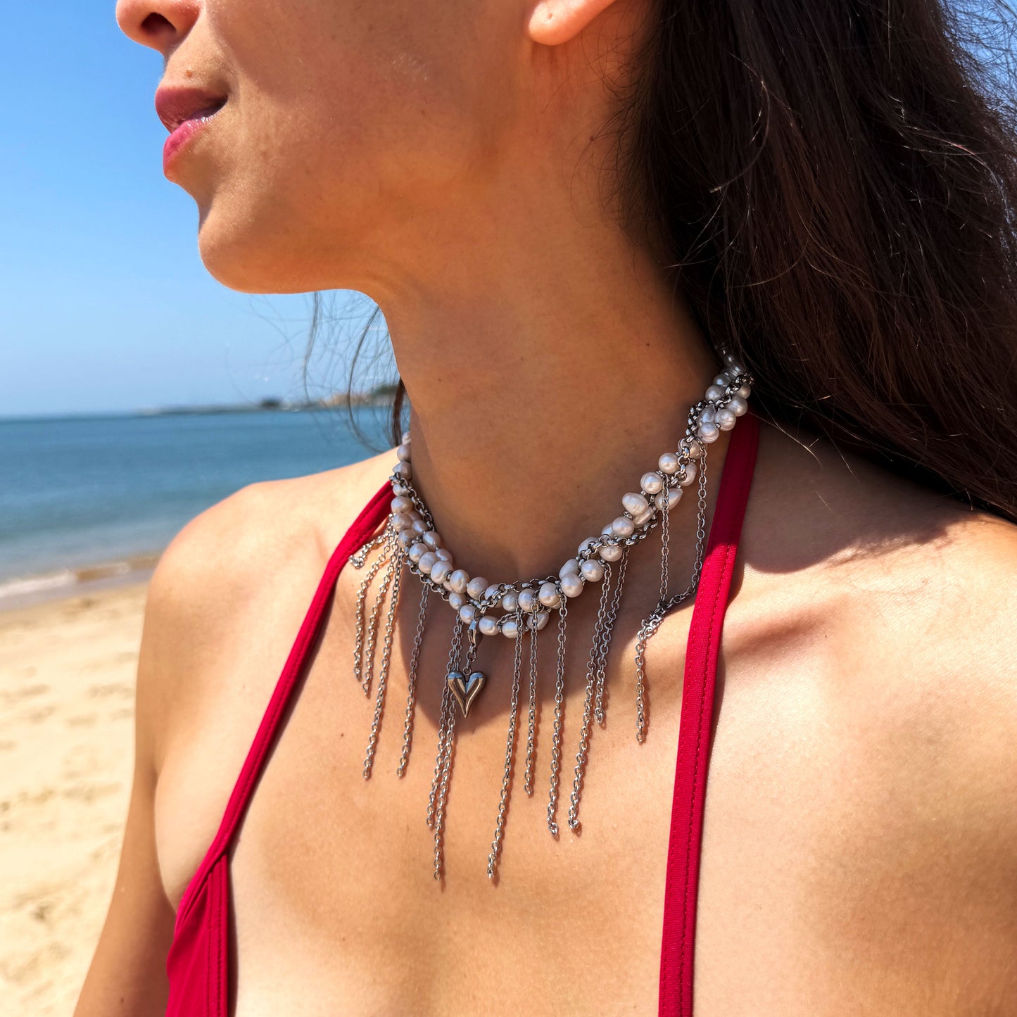 Choker From Pearl With Gold Heart