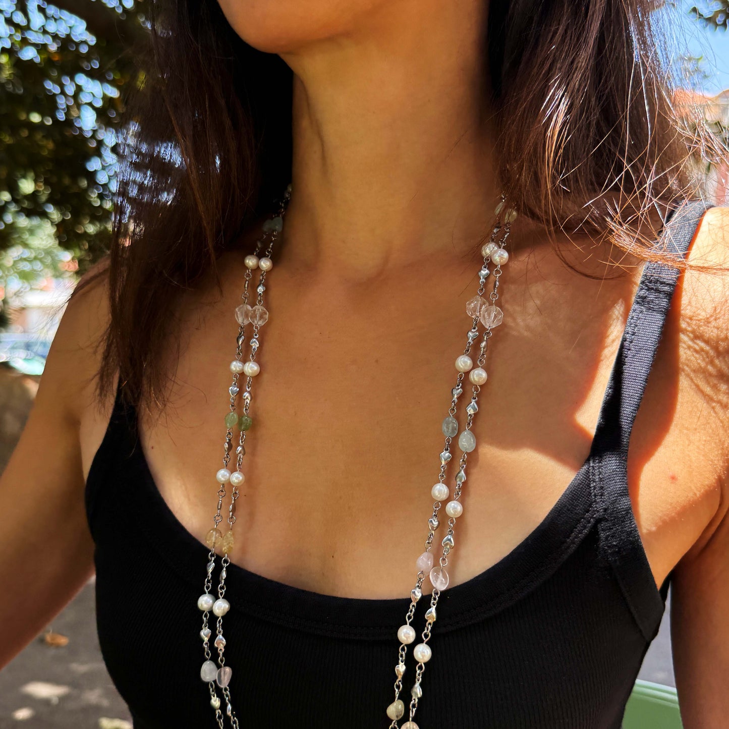 Double Strand Pearl & Gemstone Necklace