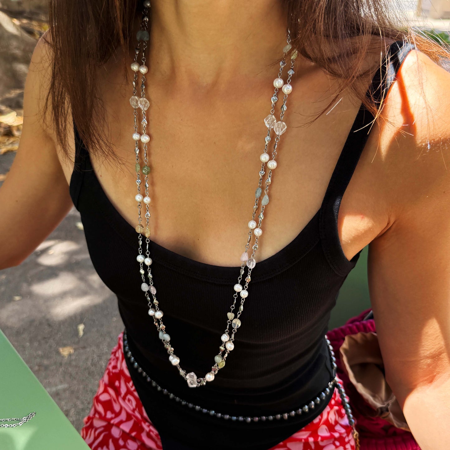 Double Strand Pearl & Gemstone Necklace