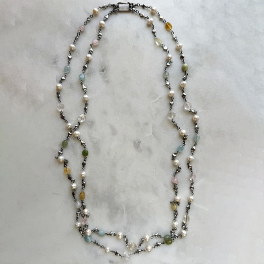 Double Strand Pearl & Gemstone Necklace
