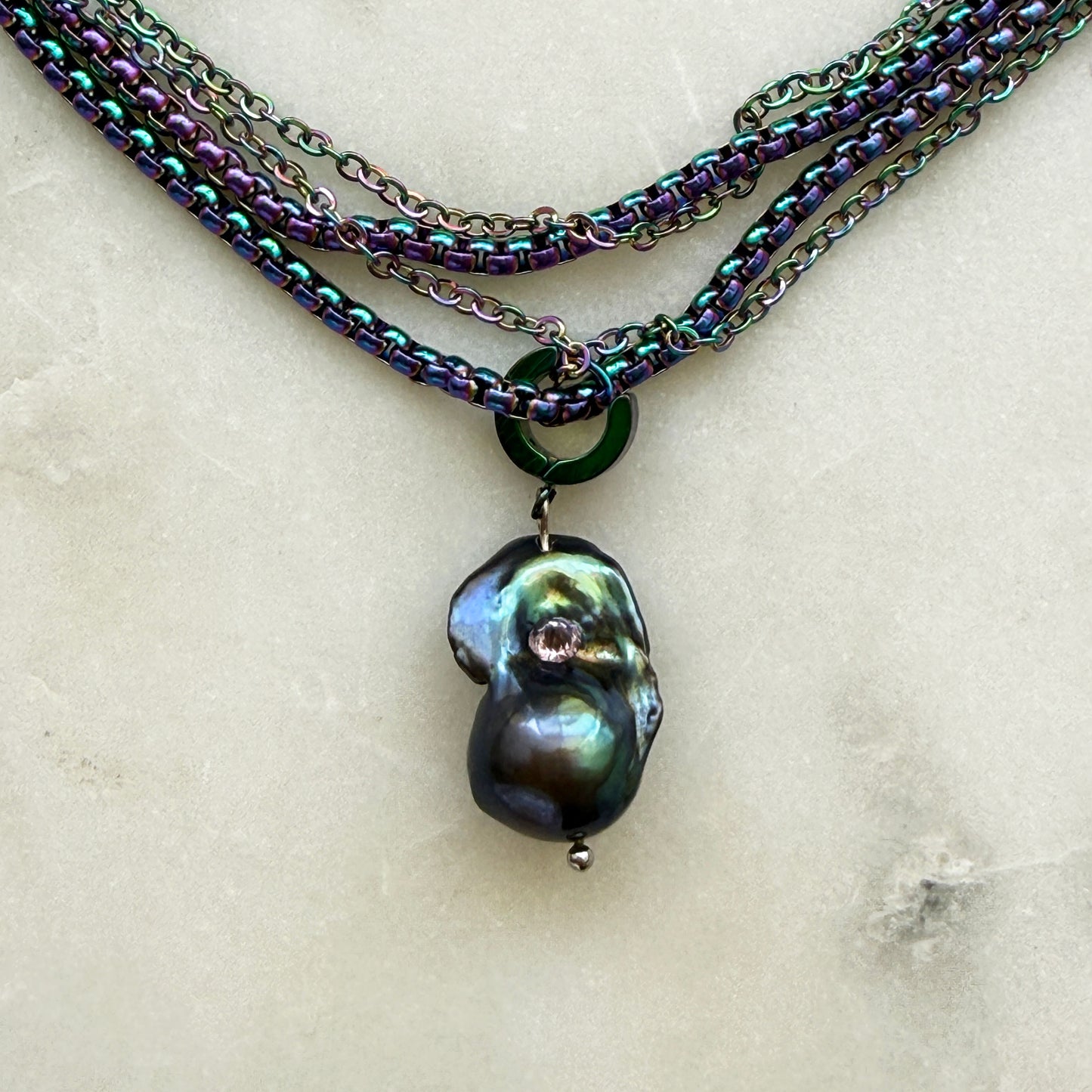 Iridescent Baroque Pearl & Steel Charm