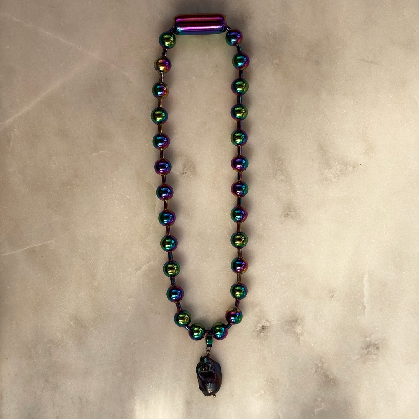 Iridescent Steel Choker With Pearl