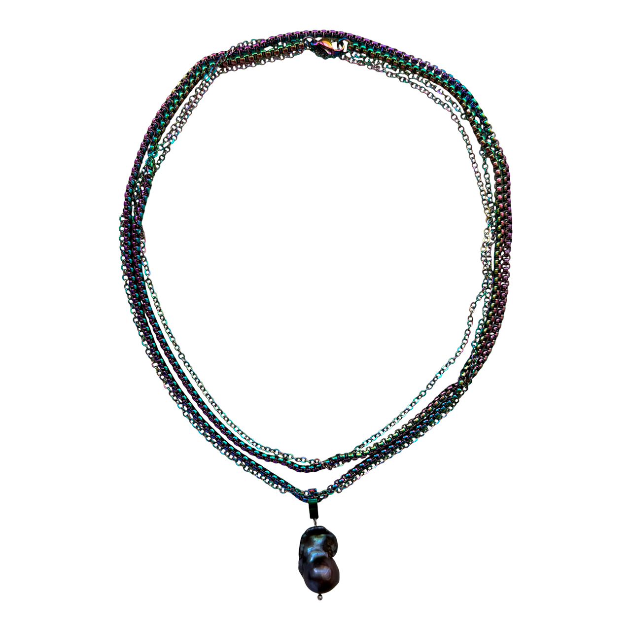 Iridescent Steel Multi-Strand Necklace With Pendant