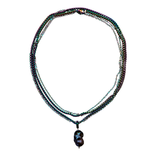 Iridescent Steel Multi-Strand Necklace With Pendant