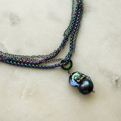 Iridescent Steel Multi-Strand Necklace With Pendant