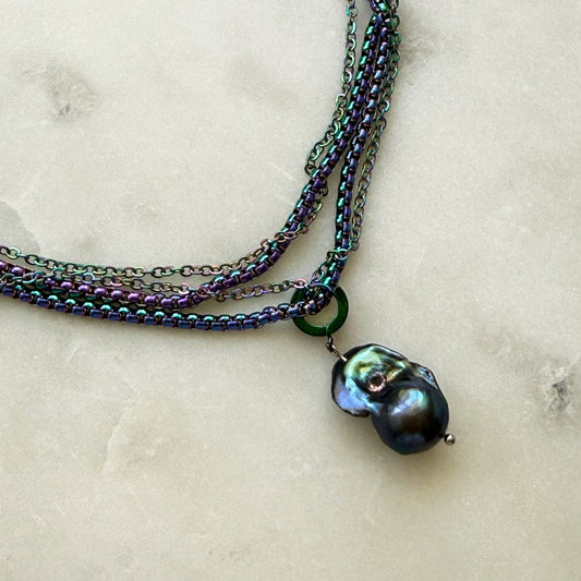Iridescent Steel Multi-Strand Necklace With Pendant