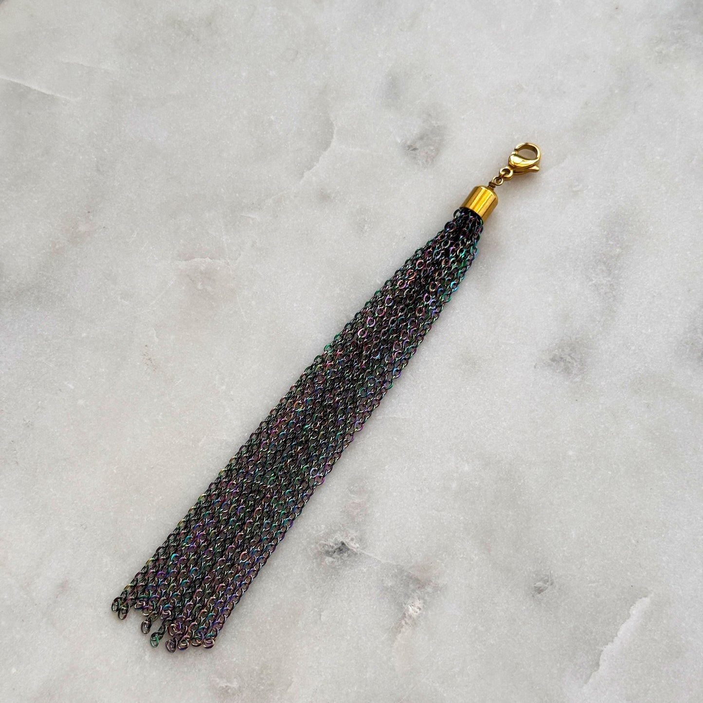 Iridescent Steel Chain Tassel With Golden Carabiner