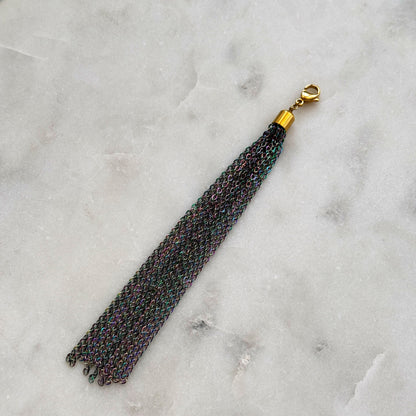 Iridescent Steel Chain Tassel With Golden Carabiner