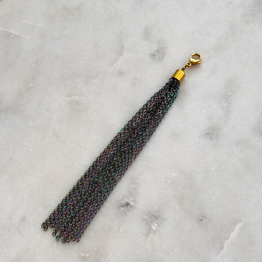 Iridescent Steel Chain Tassel With Golden Carabiner