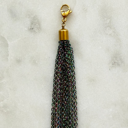 Iridescent Steel Chain Tassel With Golden Carabiner