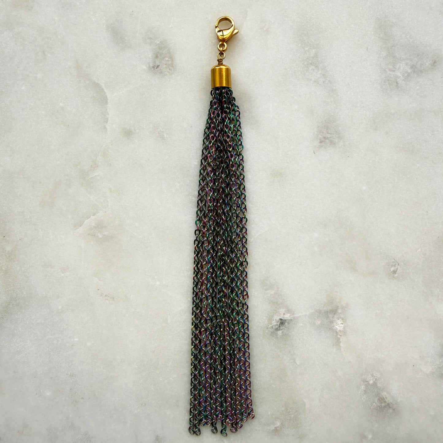 Iridescent Steel Chain Tassel With Golden Carabiner