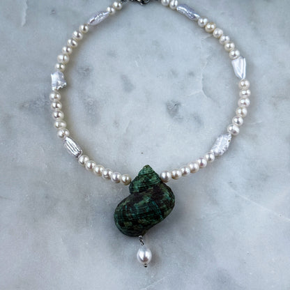 Large Green Shell & Pearl Necklace