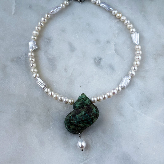 Large Green Shell & Pearl Necklace
