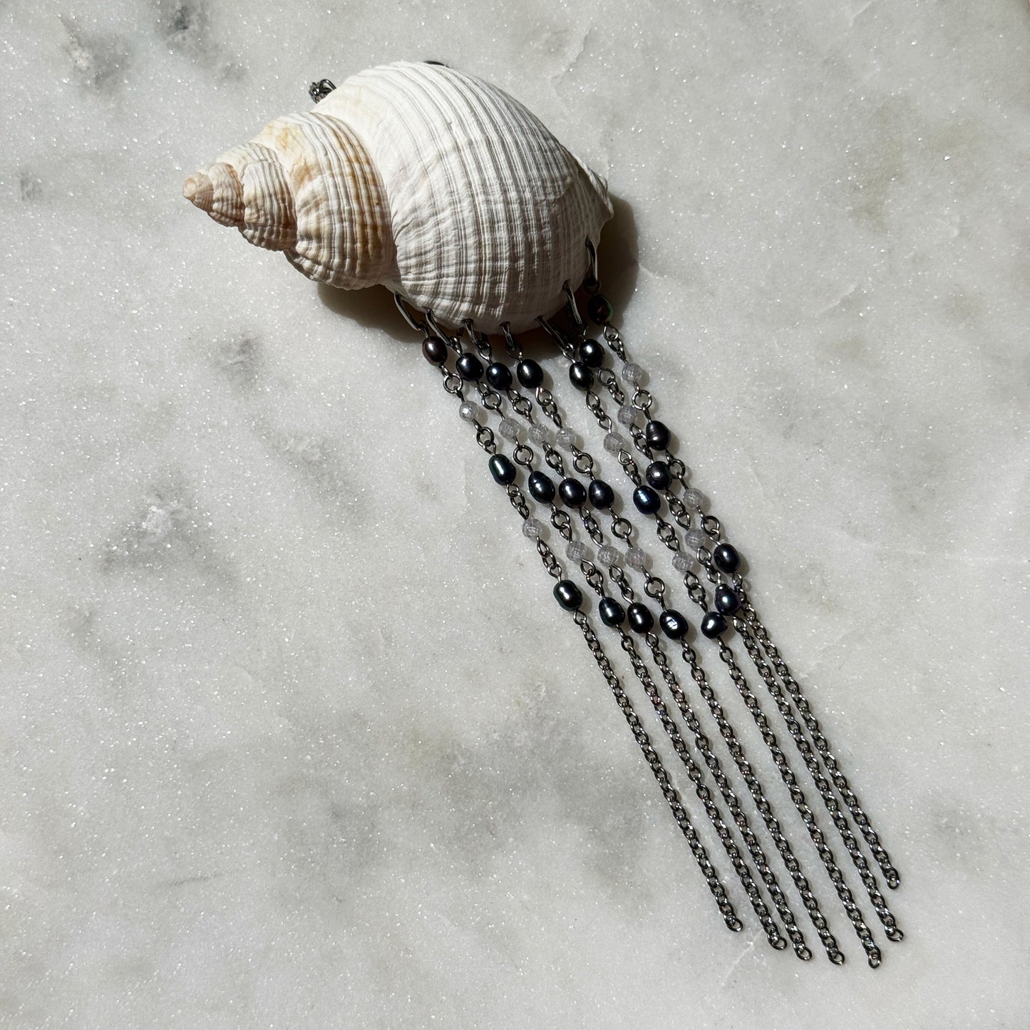 Large Shell Fringe Pendant with Black Pearls