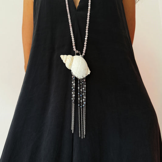 Large Shell Fringe Pendant with Black Pearls