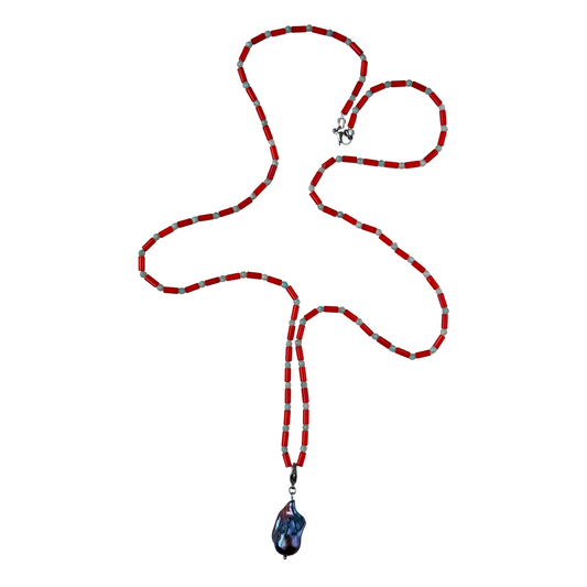Long Coral & Amazonite Necklace with Removable Pearl Pendant